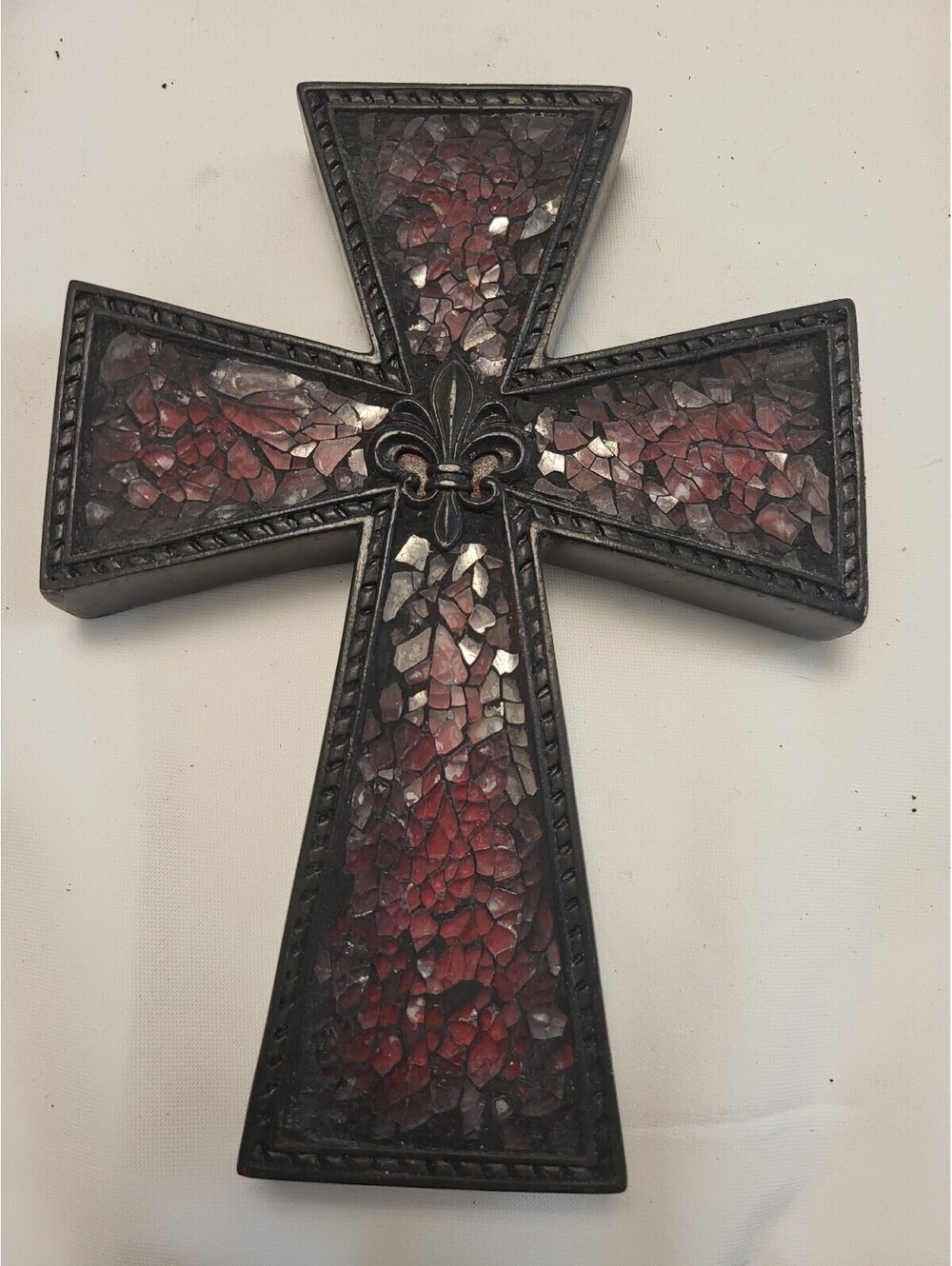 Decorative 8x6" Cross with Red Mosaic and Fleur-de-Lis Accent